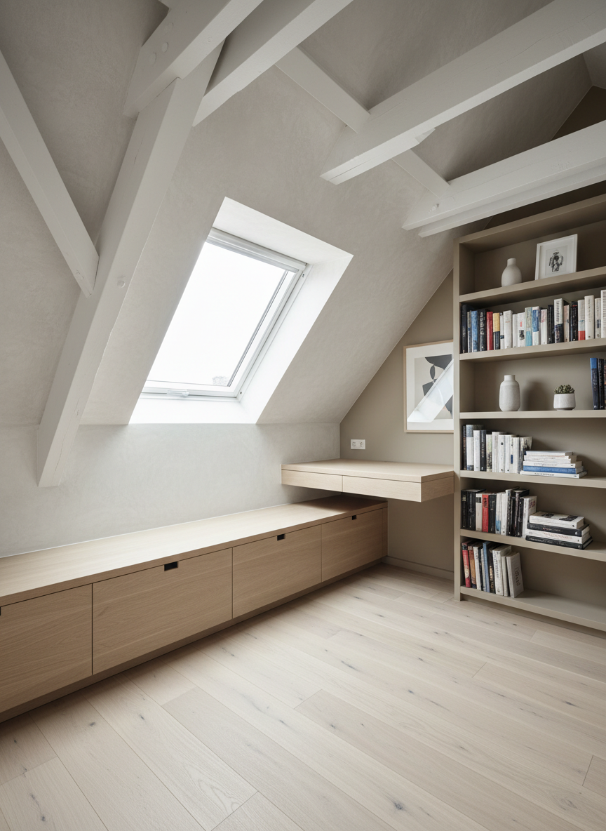 A compact attic apartment renovation that showcases intelligent interior architecture, with exposed white-painted beams and a continuous built-in bench in light oak running along the sloped wall, doubling as storage with discreet push latches. A custom-made desk in the same oak extends from the bench, facing a large roof window that pours in crisp daylight, illuminating the subtle texture of the plaster walls. The opposite wall is fitted with shallow, floor-to-ceiling shelving painted in warm greige, displaying books and a few carefully chosen objects. Photographic realism, shot from a low corner to accentuate the volume under the eaves, with a serene, contemplative mood and a sense of clever spatial optimization that characterizes thoughtful interior renovation.