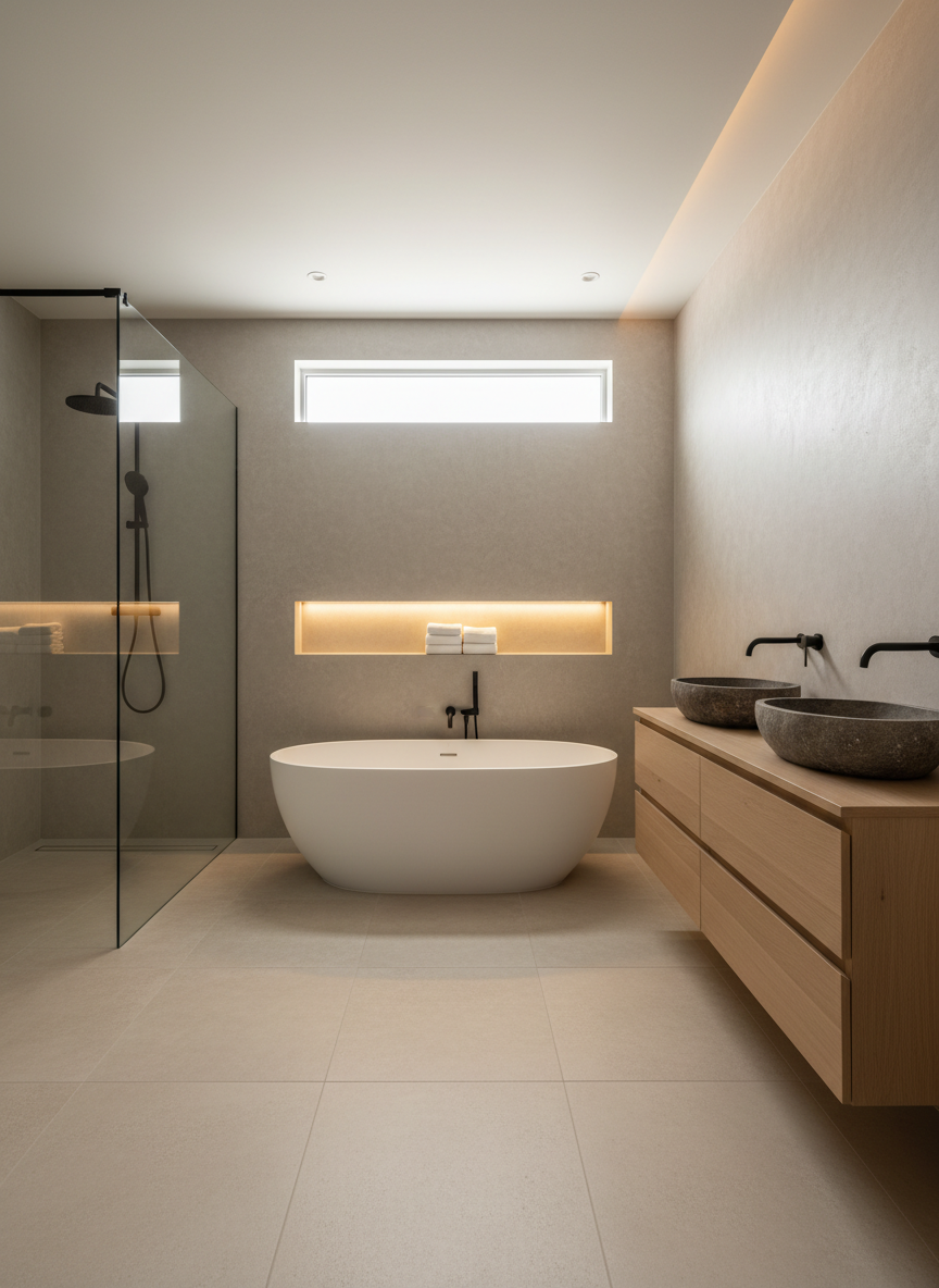 A luxurious master bathroom born from a complete renovation, centered around a freestanding oval bathtub in matte white stone resin set on large-format sand-colored porcelain tiles. Behind the tub, a full-height wall in textured microcement hosts a slim black floor-mounted faucet and a recessed niche with indirect LED lighting washing over neatly folded linen towels. To the side, a floating oak vanity with integrated handleless drawers supports twin vessel basins in honed stone, paired with minimalist wall-mounted taps. A generous frameless walk-in shower with brushed black fixtures stands opposite. Soft, diffused daylight enters through a high frosted window, complemented by warm cove lighting in the ceiling. Photographic realism, wide-angle composition, calm and spa-like atmosphere, highlighting refined materials and exacting detailing.