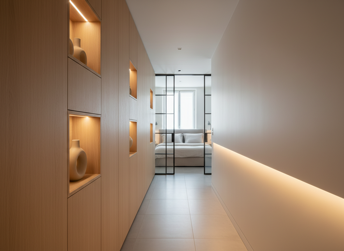 A narrow Haussmannian corridor transformed through interior architecture, with bespoke full-height storage in pale oak on one side and a continuous integrated LED handrail on the other. The oak cabinetry features flush push-to-open doors and occasional open niches with soft backlighting and sculptural vases. At the end of the corridor, a glass partition with slim black muntins reveals a softly lit bedroom. Natural overcast daylight filters from distant windows, combined with warm artificial lighting that creates a subtle gradient along the walls. Photographic realism, eye-level perspective, with strong linear composition pulling the gaze forward, emphasizing circulation, clever storage solutions, and the feeling of an optimized, sophisticated Paris apartment renovation.