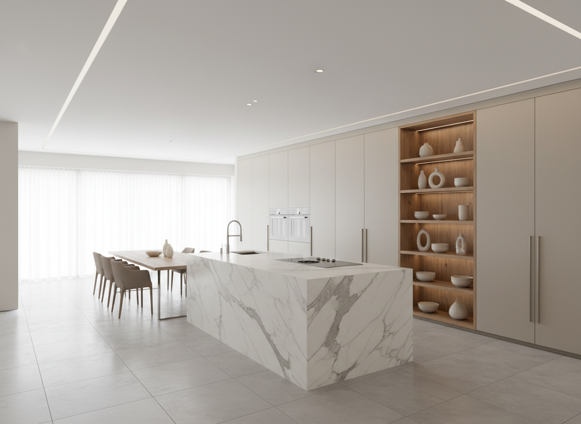 A bright open-plan kitchen and dining area in a fully renovated apartment, featuring a long island in white-veined Calacatta marble with waterfall edges and integrated induction cooktop. Matte sand-colored handleless cabinets run floor to ceiling, punctuated by a tall niche in warm oak that displays refined ceramic objects. The space is framed by a continuous band of indirect LED ceiling lighting and a large window at the end of the room that washes everything in diffused midday light. Reflections shimmer gently on the marble and brushed stainless steel fixtures. Photographic realism, shot from a slightly elevated corner to show circulation and zoning, with a calm, contemporary mood and clean, architectural lines that communicate functional, high-end interior design.
